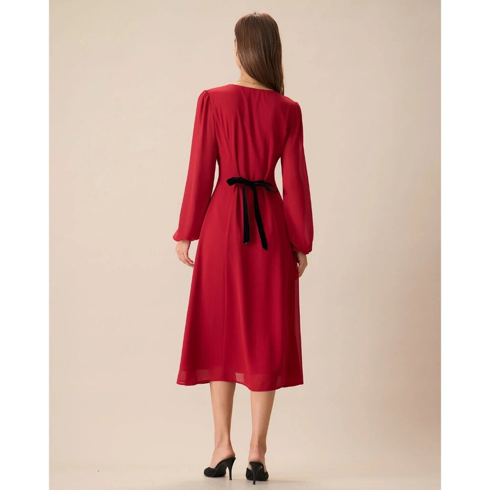 RIHOAS Women's Red V-Neck Puff Sleeve Slit Midi Dress NEW size Medium - Picture 3 of 14